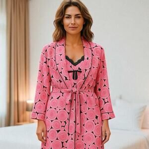 Nick‎ and Nora Silk Chemise and Robe Set Pink Rose Size S/M